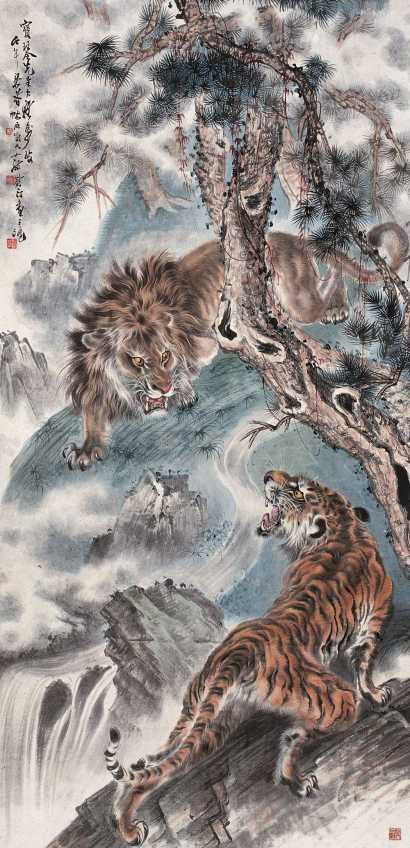 蔡鹤汀 壬午（1942年）作 狮虎 立轴